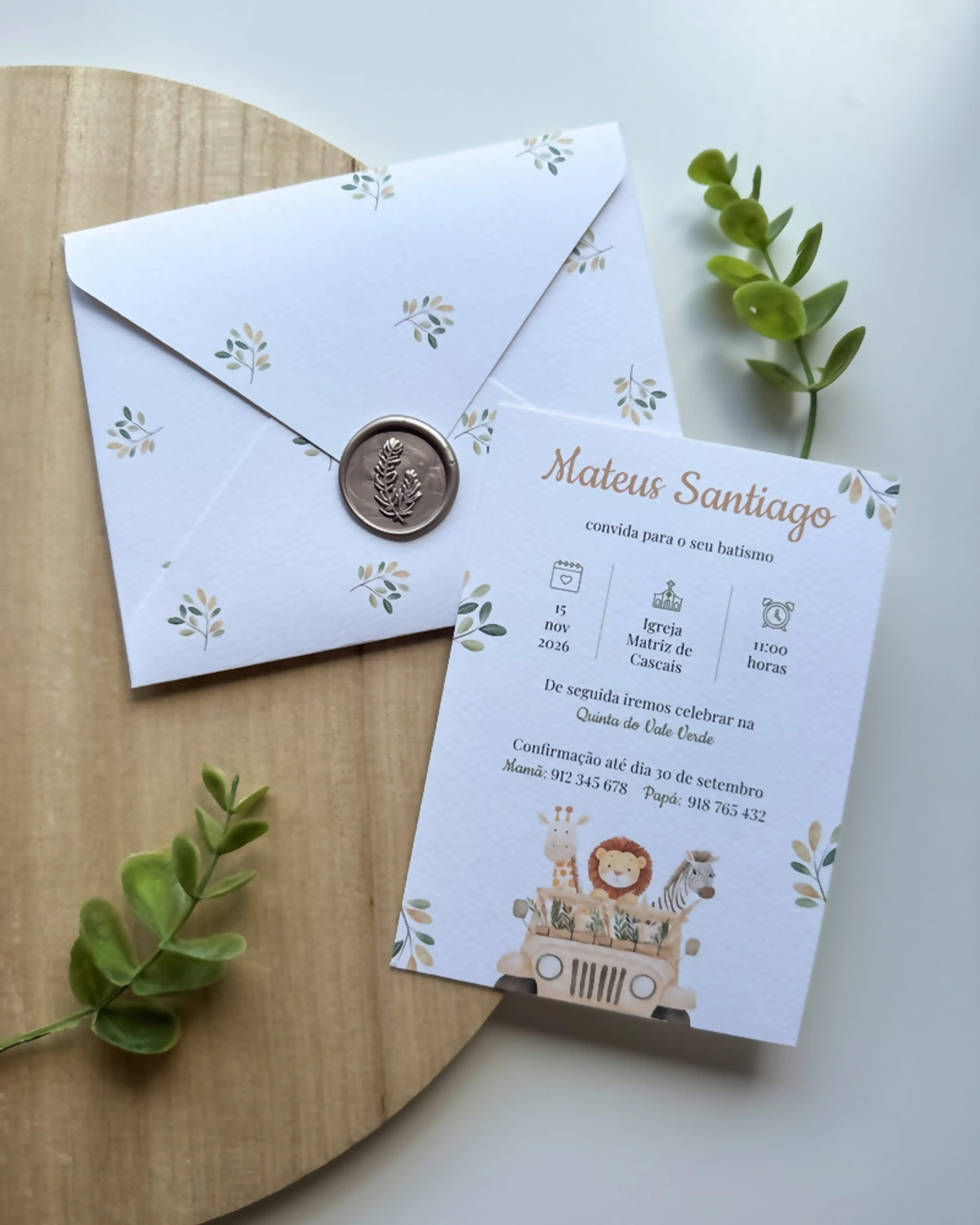 Convite Mateus de batizado com envelope estampado e lacre decorativo
