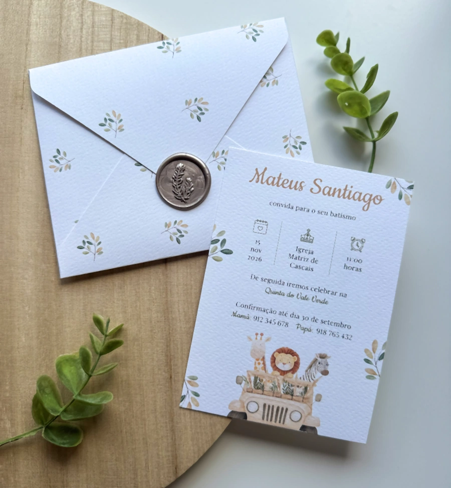 Convite Mateus de batizado com envelope estampado e lacre decorativo